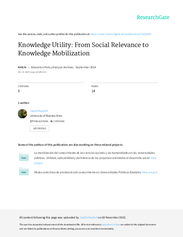 (PDF) Knowledge Utility: From Social Relevance to Knowledge Mobilization