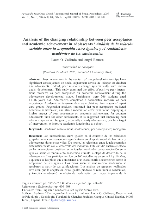 (PDF) Analysis of the changing relationship between peer acceptance and ...