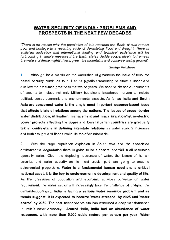 (DOC) WATER SECURITY OF INDIA : PROBLEMS AND PROSPECTS IN THE NEXT FEW ...