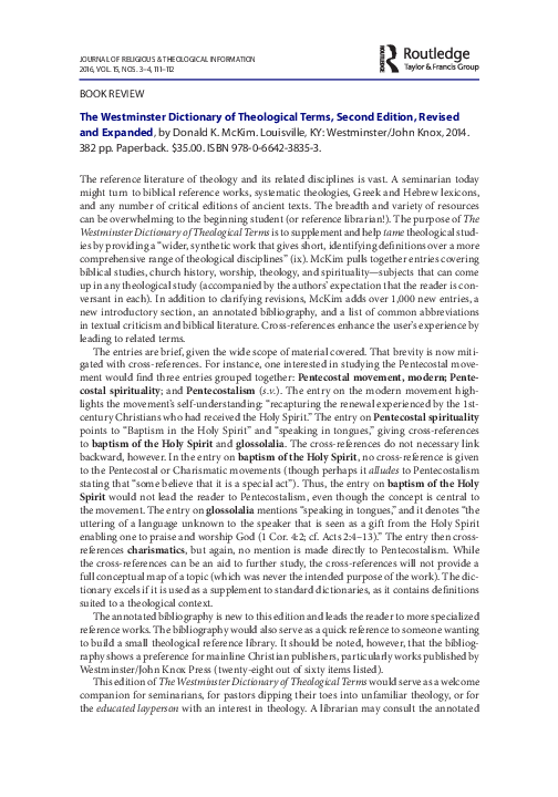 (PDF) Review of The Westminster Dictionary of Theological Terms, Second ...