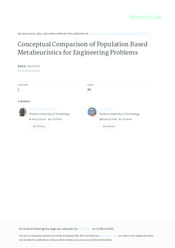 (PDF) Conceptual comparison of population based metaheuristics for ...