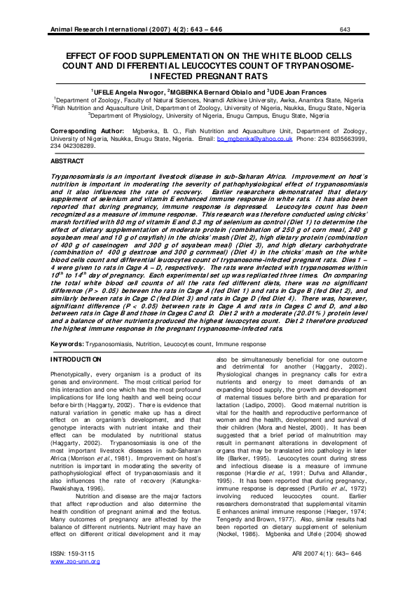 (PDF) EFFECT OF FOOD SUPPLEMENTATION ON THE WHITE BLOOD CELLS COUNT AND ...