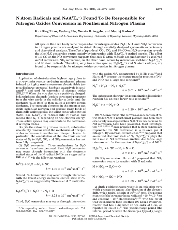 (PDF) N Atom Radicals and N 2 (A 3 ∑ u + ) Found To Be Responsible for ...