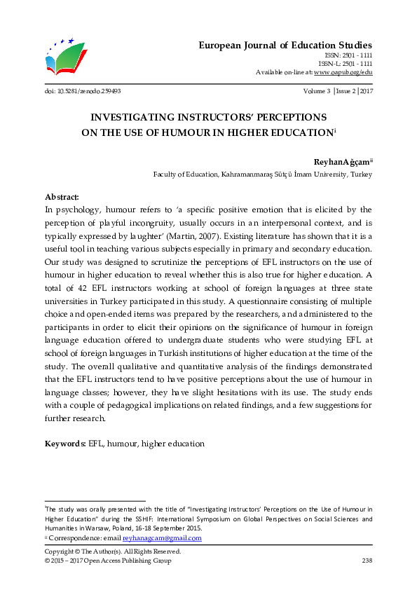 (PDF) INVESTIGATING INSTRUCTORS' PERCEPTIONS ON THE USE OF HUMOUR IN ...