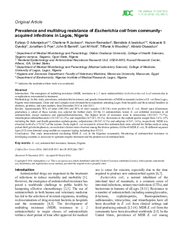 (PDF) Prevalence and multidrug resistance of Escherichia coli from ...