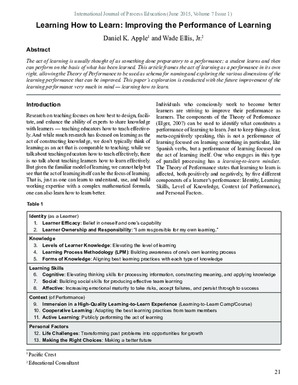 (PDF) Learning How to Learn: Improving the Performance of Learning