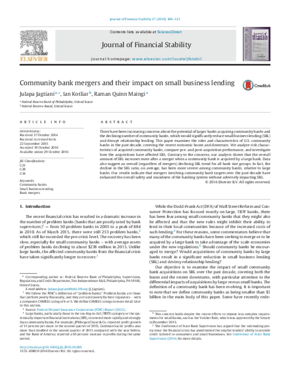 (PDF) Community bank mergers and their impact on small business lending