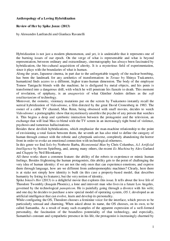 (PDF) Anthropology of a Loving Hybridization, Review of Her by Spike