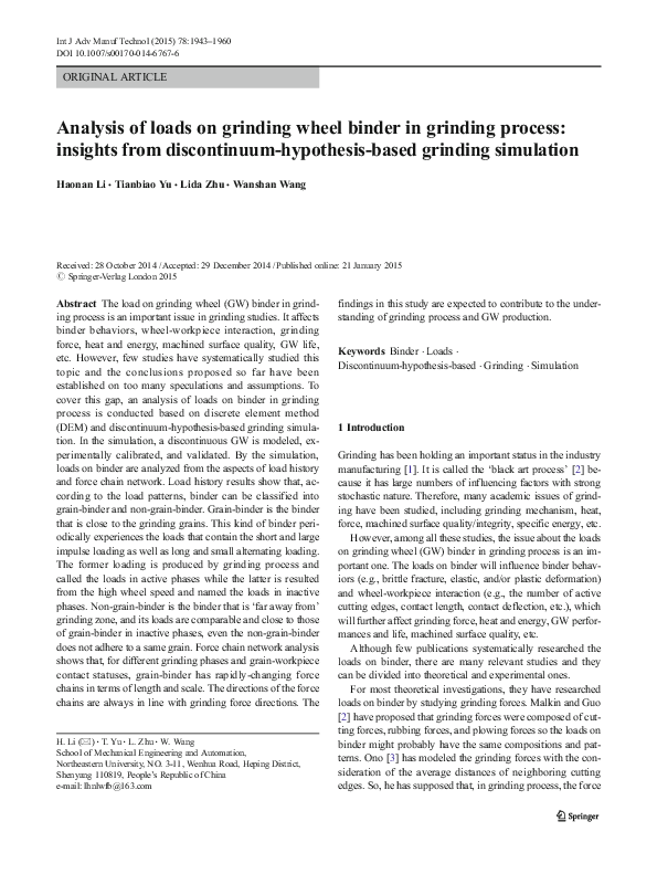 (PDF) Analysis of loads on grinding wheel binder in grinding process ...