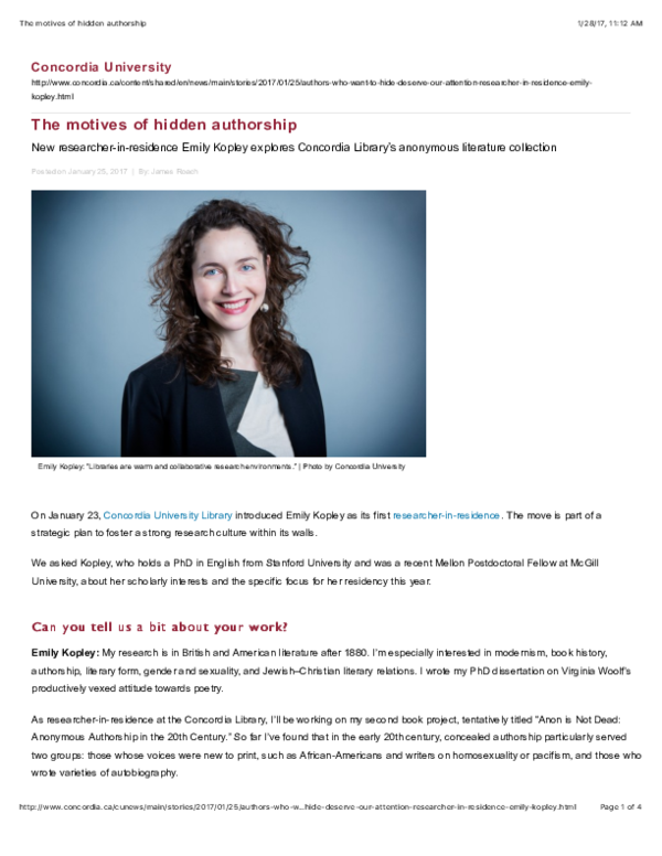 (PDF) The motives of hidden authorship Interview with Emily Kopley