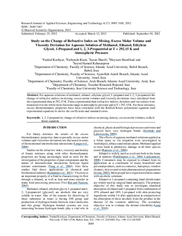 (PDF) Study on the Change of Refractive Index on Mixing, Excess Molar ...