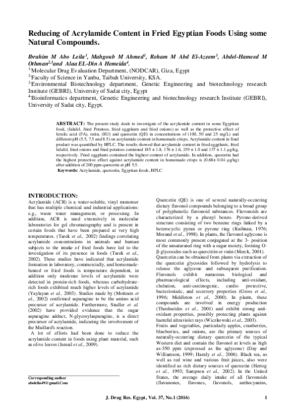 (PDF) Reducing of Acrylamide Content in Fried Egyptian Foods Using some ...