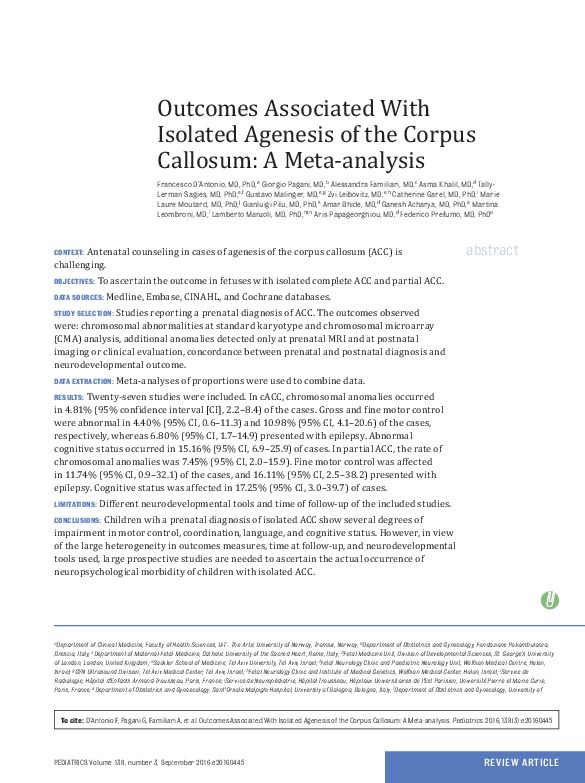 (PDF) Outcomes Associated With Isolated Agenesis of the Corpus Callosum ...