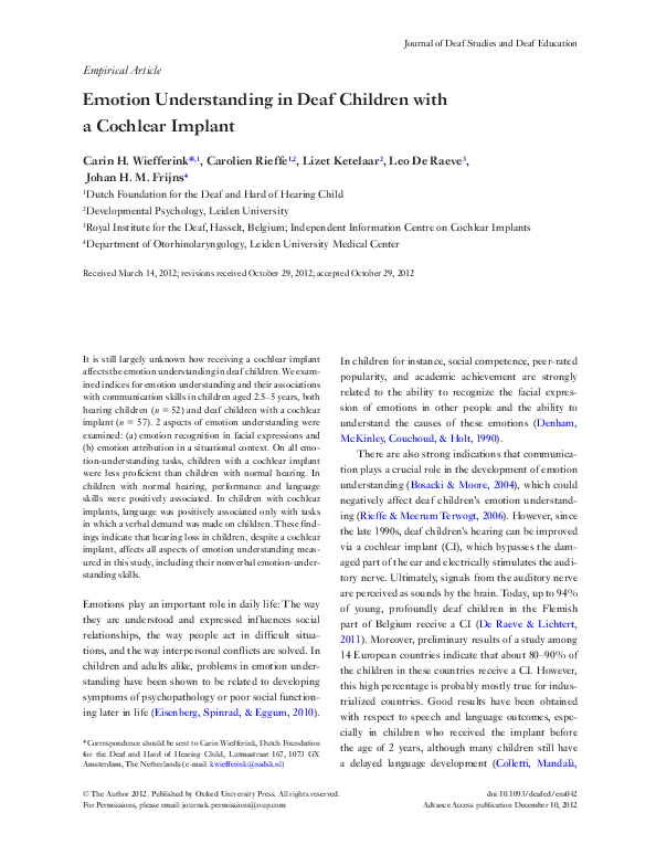 Pdf Emotion Understanding In Deaf Children With A Cochlear Implant Carolien Rieffe Academia Edu academia edu