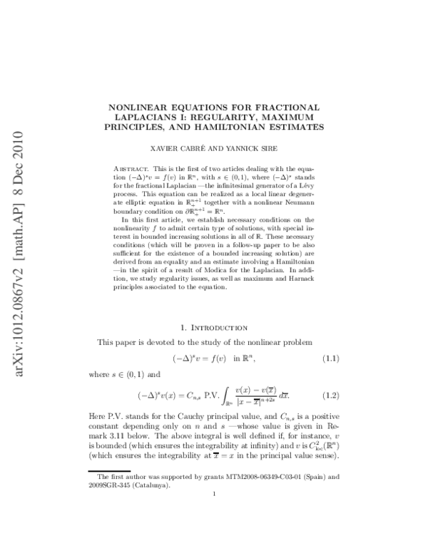 (PDF) Nonlinear equations for fractional Laplacians, I: Regularity ...