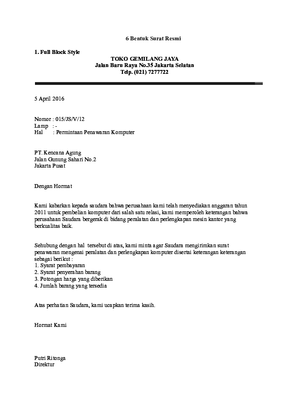 Contoh Surat Semi Block Style Penawaran Barang Nusagates