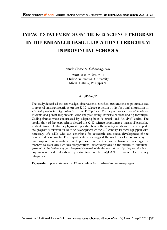 (PDF) IMPACT STATEMENTS ON THE K12 SCIENCE PROGRAM IN THE ENHANCED