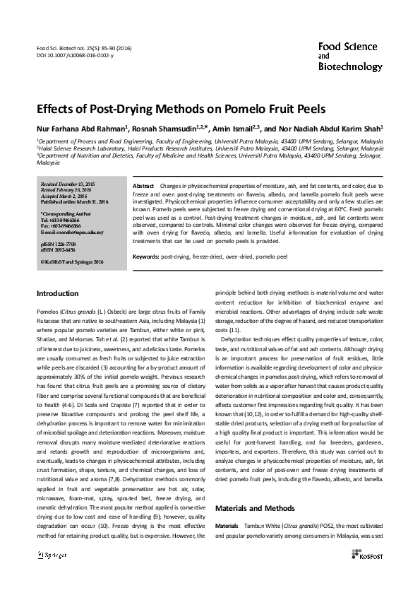 (PDF) Effects of PostDrying Methods on Pomelo Fruit Peels nur farhana abd rahman Academia.edu