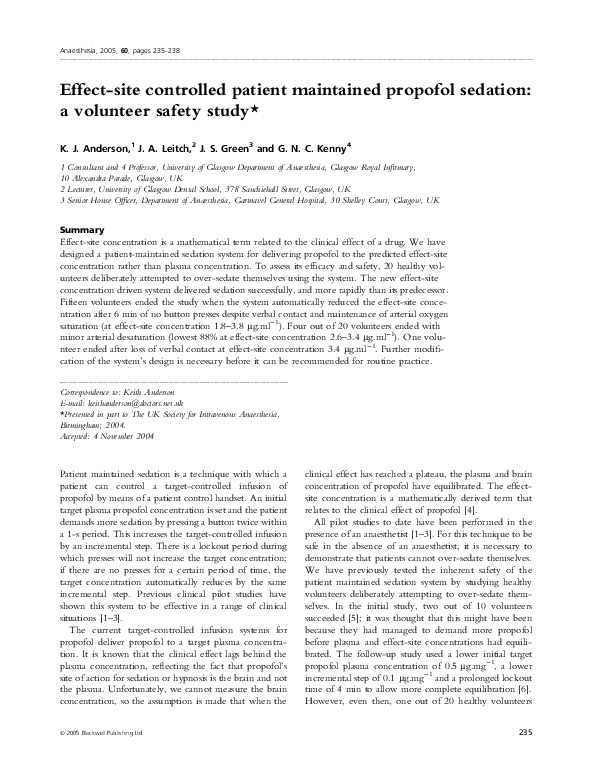 (PDF) Effectsite controlled patient maintained propofol sedation a volunteer safety study