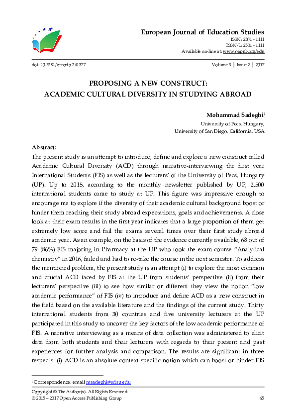 (PDF) PROPOSING A NEW CONSTRUCT: ACADEMIC CULTURAL DIVERSITY IN ...