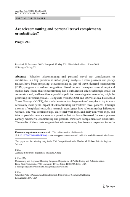 (PDF) Are telecommuting and personal travel complements or substitutes