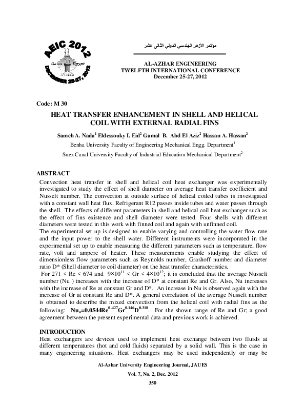 (PDF) HEAT TRANSFER ENHANCEMENT IN SHELL AND HELICAL COIL WITH EXTERNAL ...