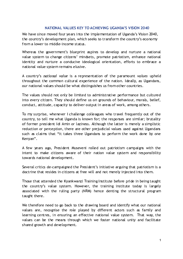 (DOC) National values key to achieving Uganda's Vision 2040 Badru