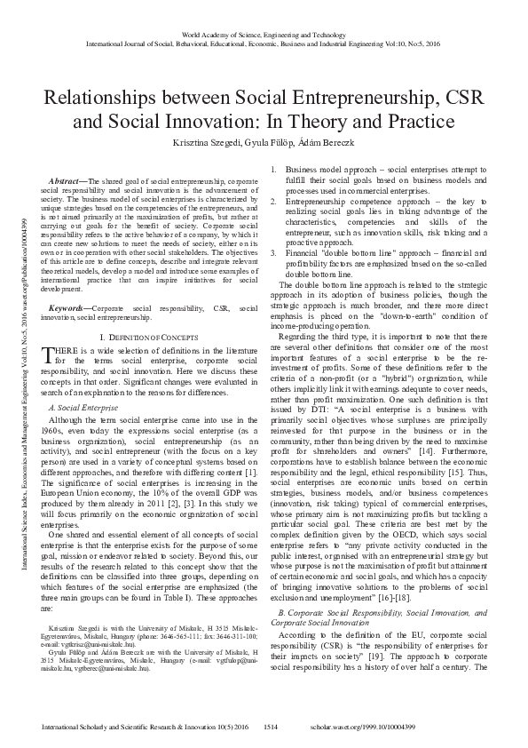 (PDF) Relationships between Social Entrepreneurship CSR and Social ...