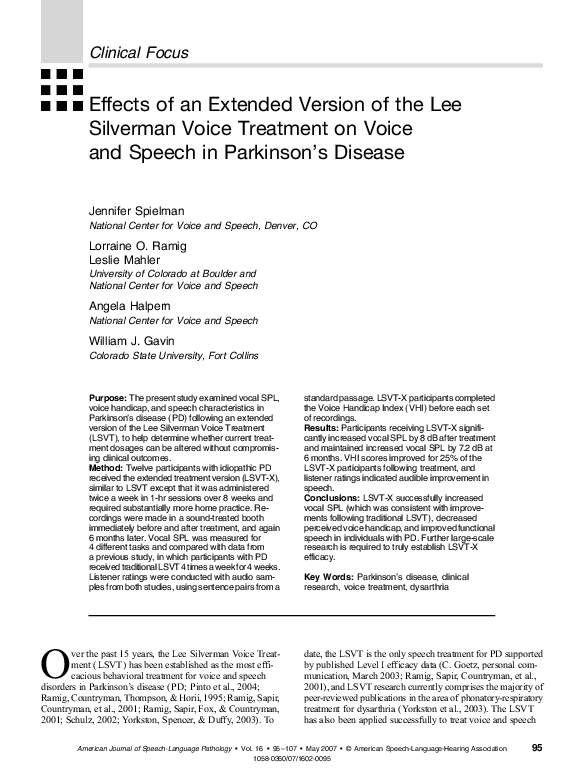 (PDF) Effects of an Extended Version of the Lee Silverman Voice Treatment on Voice and Speech in