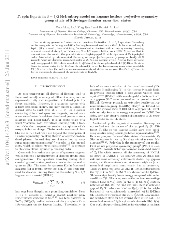 (PDF) Z 2 spin liquids in S = 1/2 Heisenberg model on kagome lattice ...