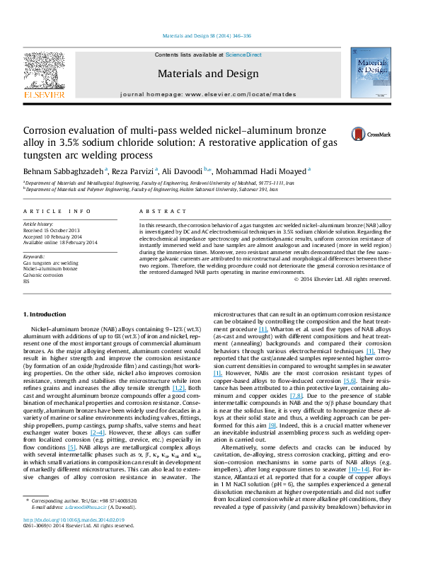 (PDF) Corrosion evaluation of multipass welded nickelaluminum bronze