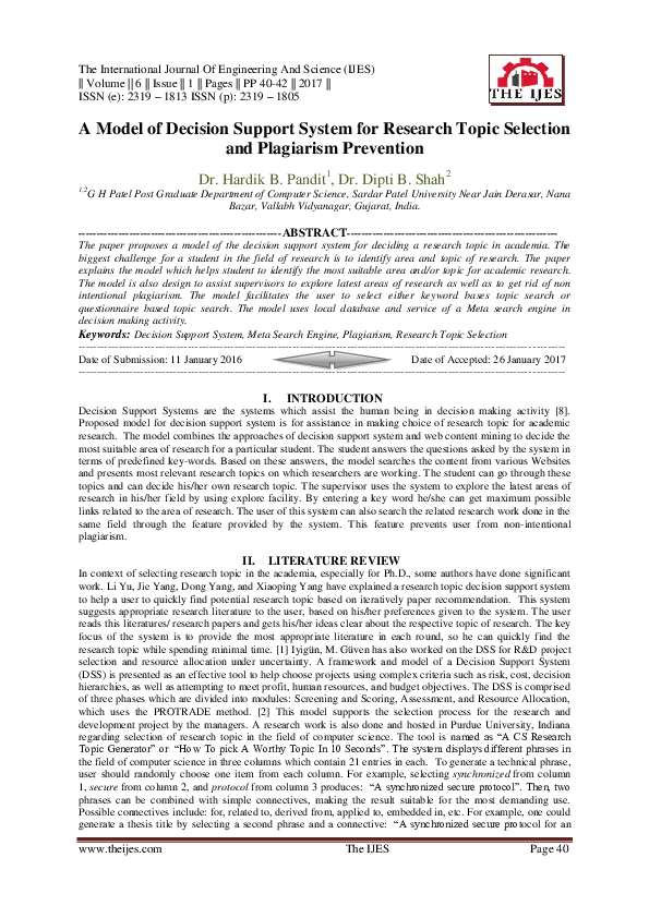 (PDF) A Model of Decision Support System for Research Topic Selection ...