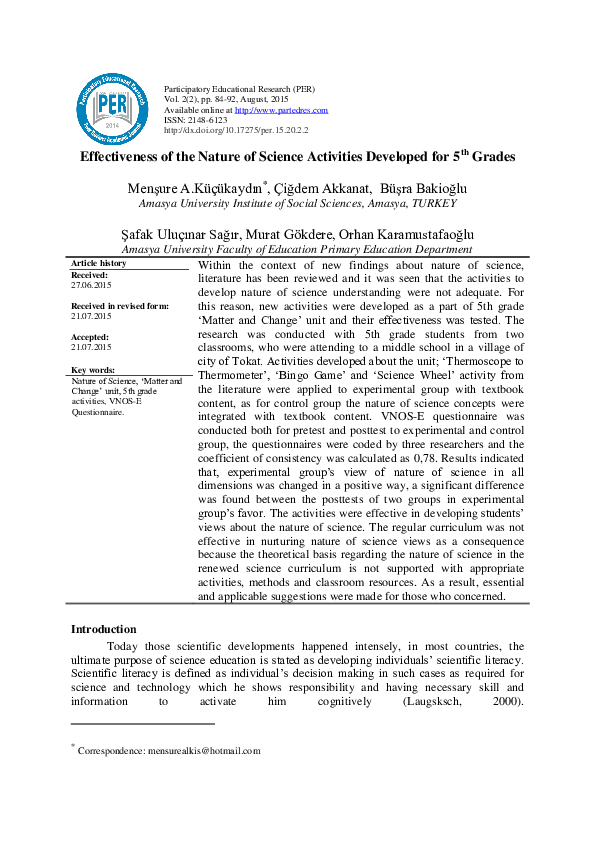 (PDF) Effectiveness of the Nature of Science Activities Developed for 5