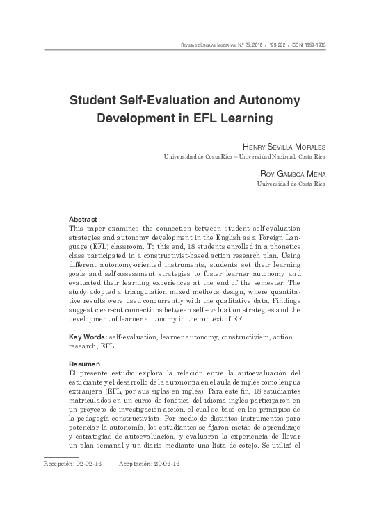 (PDF) Student Self-Evaluation and Autonomy Development in EFL Learning