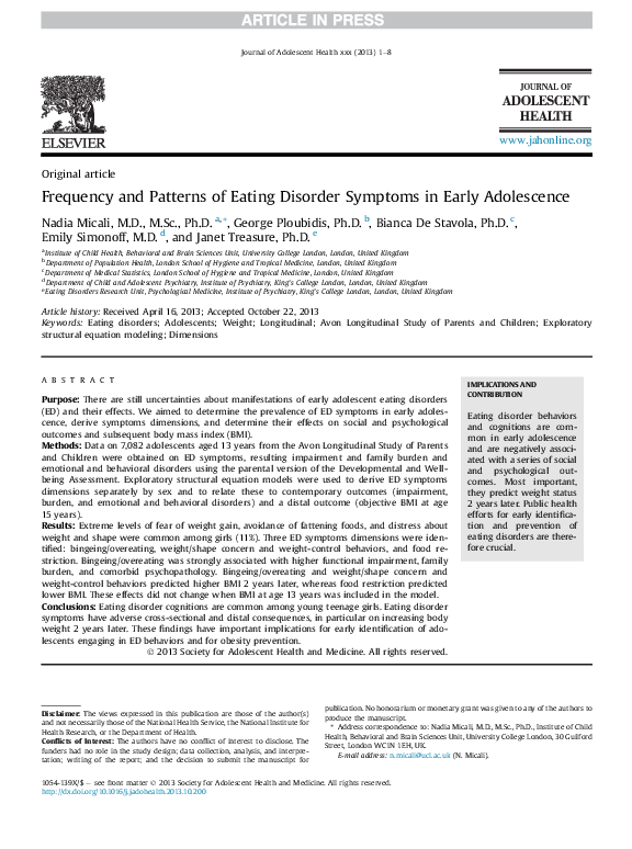(PDF) Frequency and Patterns of Eating Disorder Symptoms in Early ...