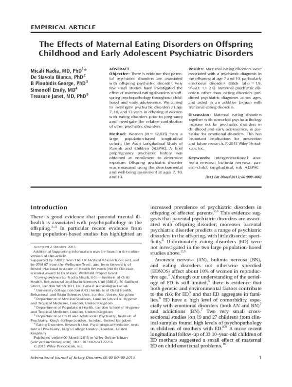 (PDF) The effects of maternal eating disorders on offspring childhood ...