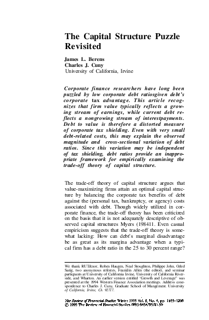 Pdf The Capital Structure Puzzle Revisited