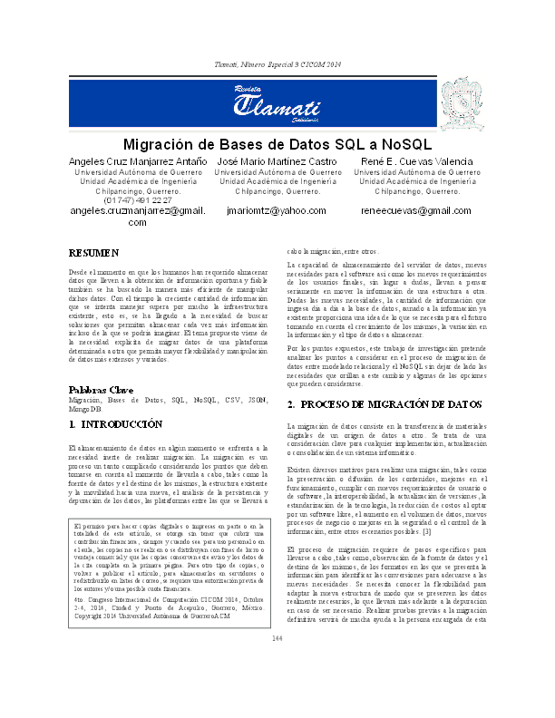 (PDF) Migración de Bases de Datos SQL a NoSQL