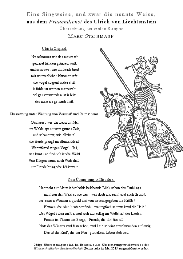 Pdf Ubersetzung Marc Steinmann Ulrich Von Liechtenstein Neunte Weise Aus Dem Frauendienst Marc Steinmann Academia Edu