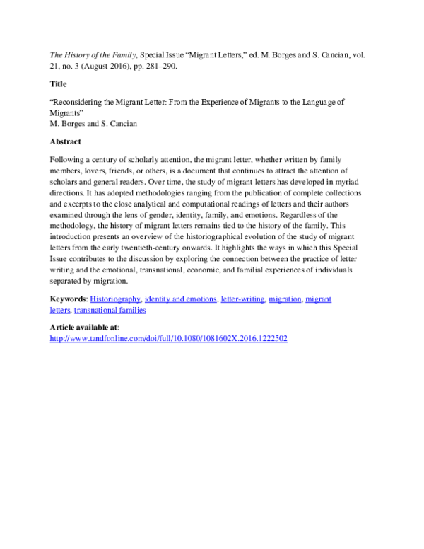 (PDF) Reconsidering the Migrant Letter: From the Experience of Migrants ...