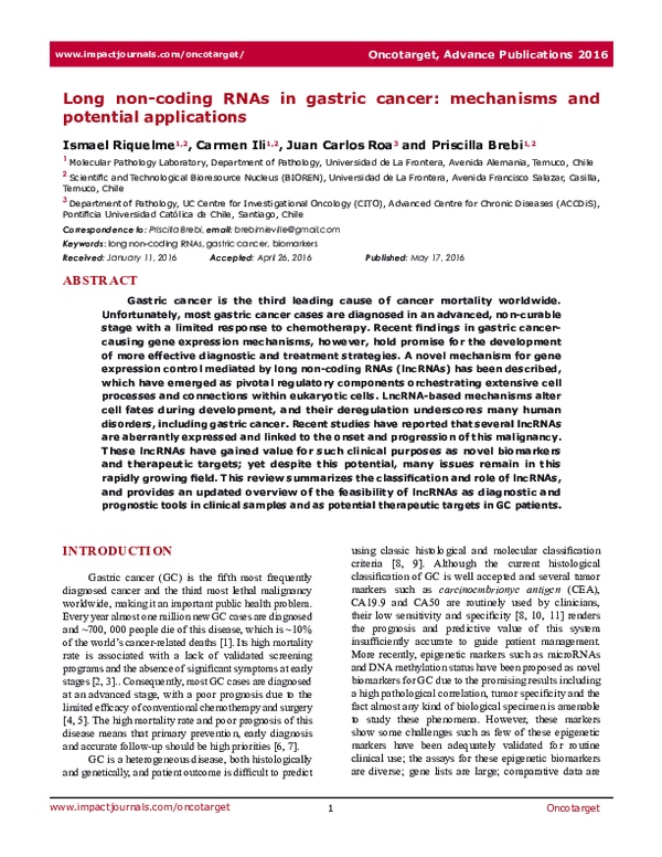 (PDF) Long non-coding RNAs in gastric cancer: mechanisms and potential ...