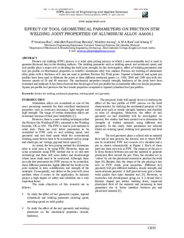 (PDF) EFFECT OF TOOL GEOMETRICAL PARAMETERS ON FRICTION STIR WELDING ...