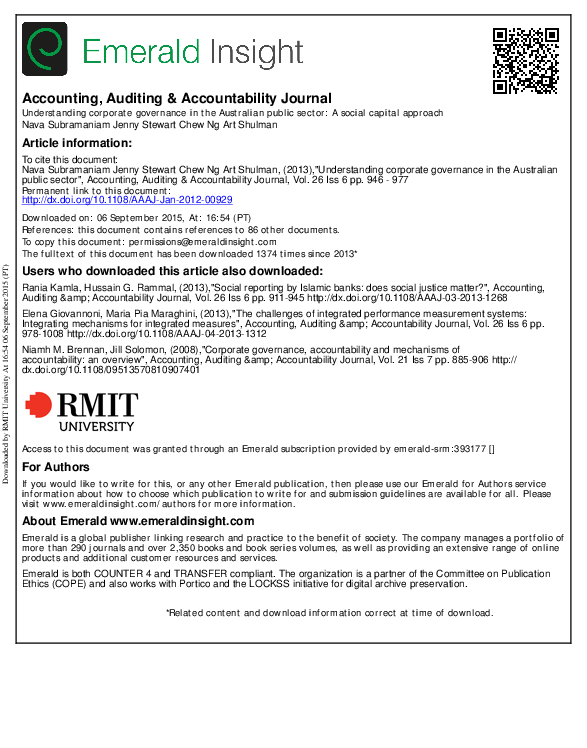 (PDF) Accounting, Auditing & Accountability Journal Article information Nava Subramaniam