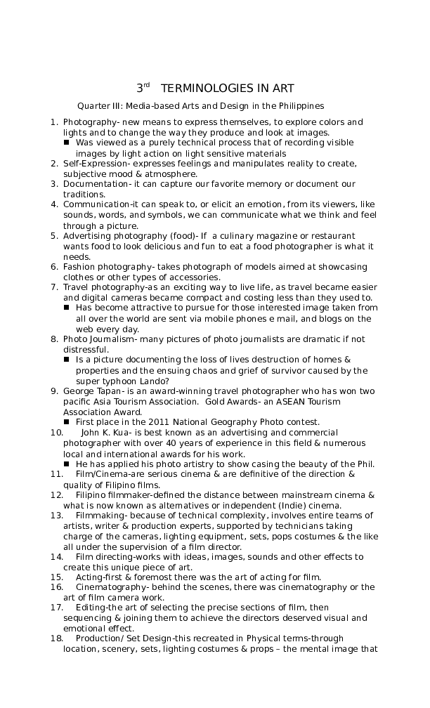 (DOC) 3 rd TERMINOLOGIES IN ART Quarter III Mediabased Arts and