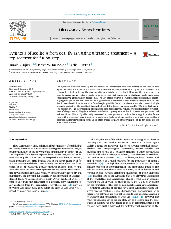 (PDF) Synthesis of zeolite A from coal fly ash using ultrasonic ...