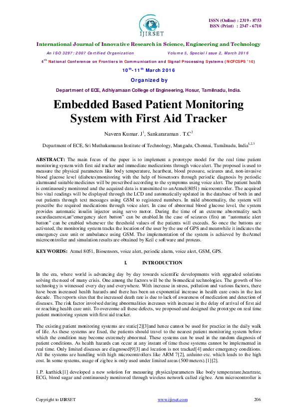 (PDF) Embedded Based Patient Monitoring System with First Aid Tracker
