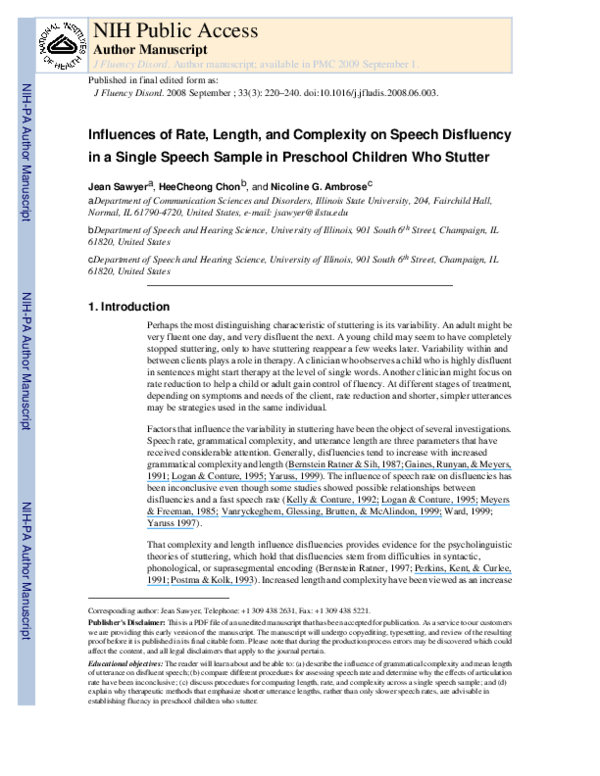(PDF) Influences of rate, length, and complexity on speech disfluency ...