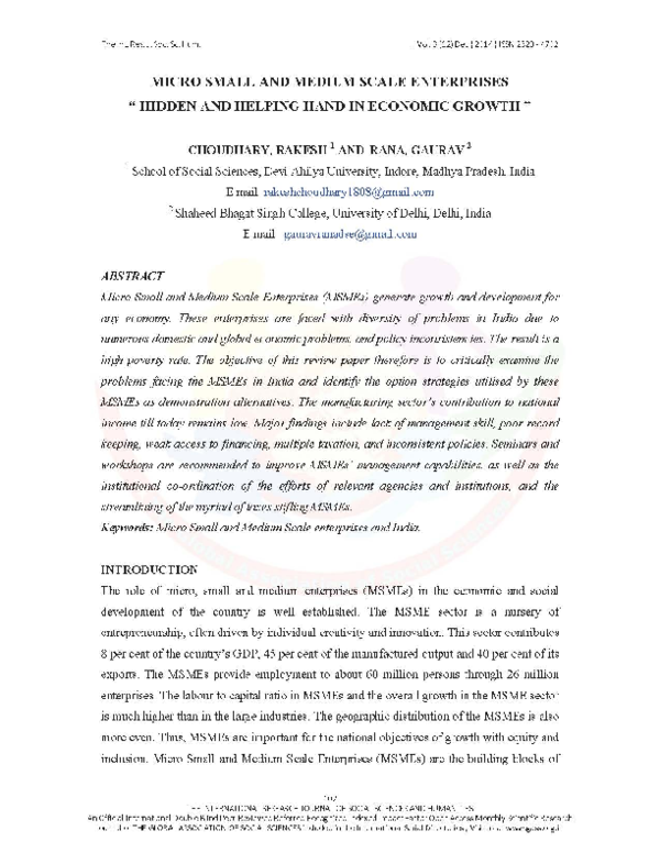 (PDF) Micro Small And Medium Scale Enterprises "Hidden And Helping Hand ...