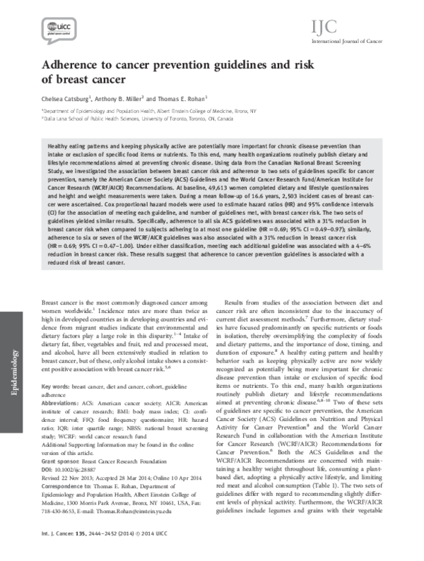 (PDF) Adherence to cancer prevention guidelines and risk of breast cancer