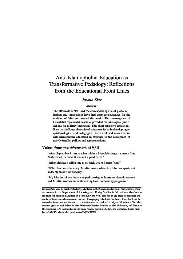 Pdf Anti Islamophobia Education As Transformative Pedadogy